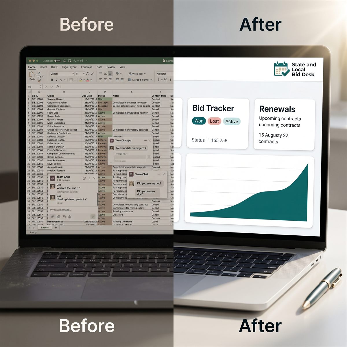 Before: bids held in a spreadsheet. After: the same bids on a State and Local Bid Desk tracker showing a bid tracker, renewals and a status total